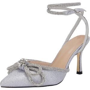 VETASTE Double Bow Crystal Stilettos, Silver, Women’s 9, Pointed Toe Satin Heels